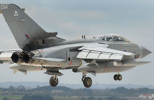 A Royal Air Force Tornado GR4 aircraft lands at Gioia del Colle, Italy, having expended its entire payload of Brimstone missiles and Paveway IV bombs (stock image)