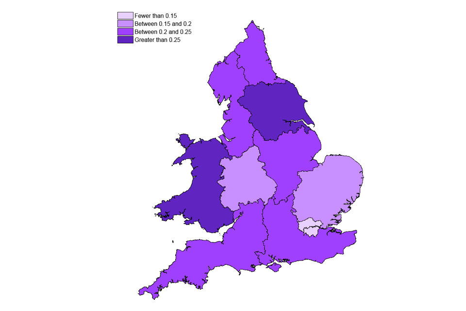 A map showing the number of entertainment club premises certificates in force on 31 March 2014 by region, per 1,000 population.