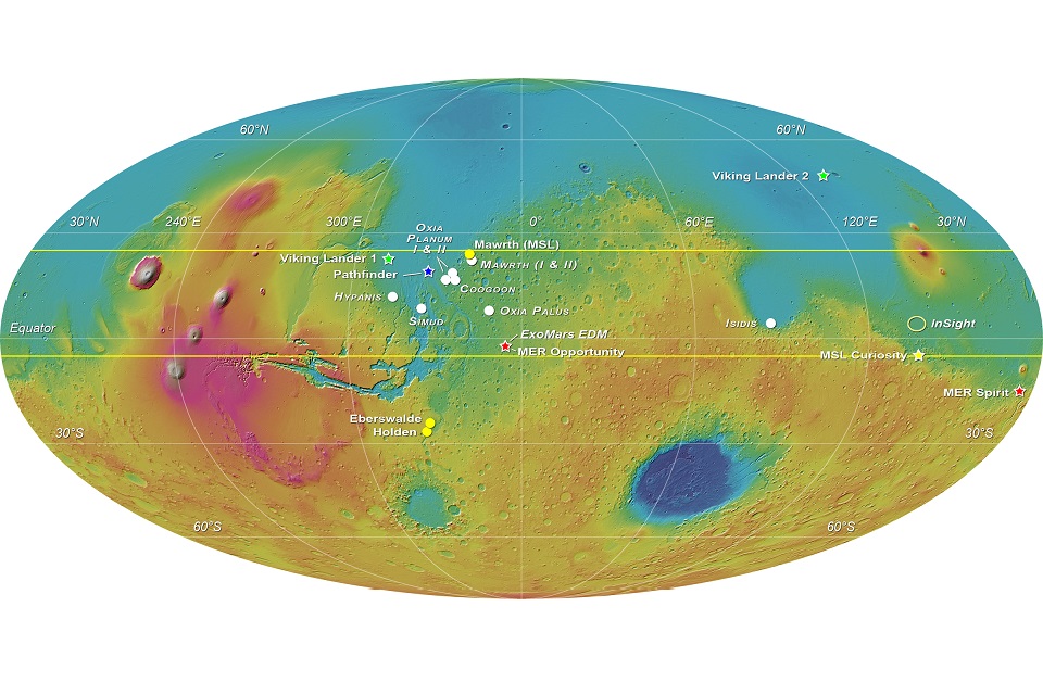 MOLA elevation map of Mars with the eight landing sites proposed for the ExoMars 2018 mission. Credit: ESA-Roscosmos/LSSWG/E. Hauber