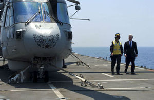 Michael Fallon arrives on HMS Bulwark