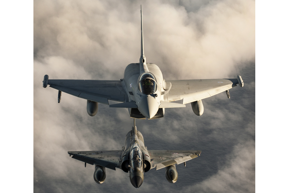 A Royal Air Force Typhoon (top) and a French Air Force Mirage 2000N 