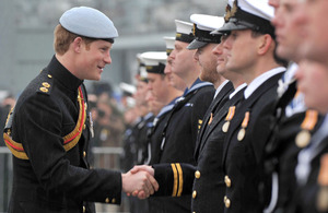 His Royal Highness Prince Harry presents Operation TELIC medals to members of HM Ships Grimsby, Middleton and Pembroke [Picture: LA(Phot) Jenny Lodge, Crown Copyright/MOD 2011]