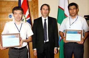 Her Majesty’s Ambassador to Uzbekistan, H.E. Mr George Edgar with Mr Azizjon Gapparov and Mr Zamon Holdarov.