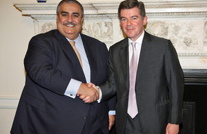 Foreign Office Minister Hugh Robertson with Minister for Foreign Affairs, HE Sheikh Khalid bin Ahmed bin Mohamed Al Khalifa