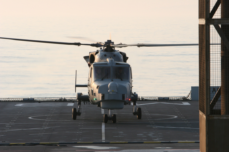 A Royal Navy Wildcat helicopter on RFA Mounts Bay's flight deck
