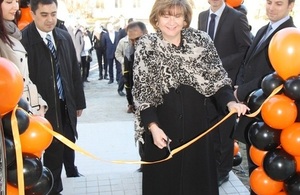 Deputy Ambassador cuts the ribbon at the opening of the new UK Heavy Machinery Sales Office in Tashkent