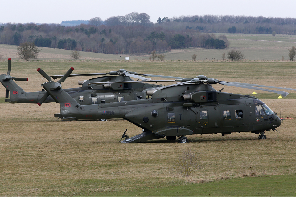 RAF Merlin HC3 helicopters at Netheravon Airfield Camp