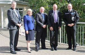 From left, Swindon council leader David Renard, Wiltshire council leader Jane Scott, Wiltshire PCC Angus Macpherson, Policing Minister Damian Green and Wiltshire Chief Constable Pat Geenty