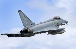 RAF Typhoon FGR4 aircraft departs Gioia del Colle air base in southern Italy on a mission over Libya (stock image)