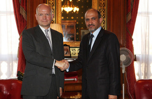 The Foreign Secretary, William Hague and the President of the Syrian National Coalition Ahmad Al-Jarba.