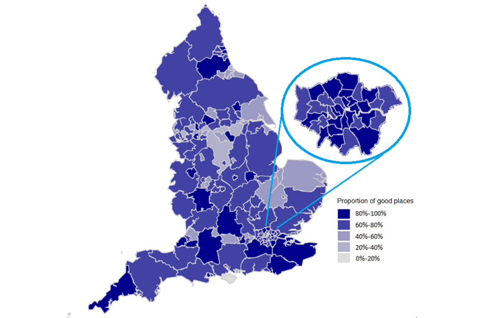 Map showing the percentage of places in secondary schools which Ofsted has rated ‘good’ or ‘outstanding’, by local authority