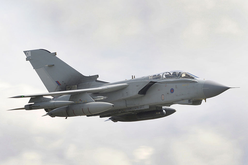 A Tornado GR4 aircraft en route to North Africa from RAF Marham in the UK, an eight-hour round trip, for a mission over Libya 