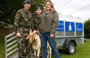 Recruit Training Squadron mascot George the goat arrives at RAF Halton in his new trailer to attend a graduation parade