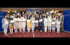 1. Group photograph of departing Chevening Scholars with the British Deputy High Commissioner, Mr. Patrick Moody, after the award ceremony in Islamabad.