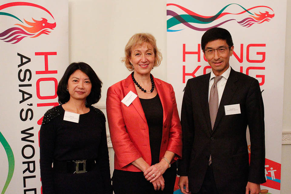 Erica Ng, Director-General at the Hong Kong Economic and Trade Office, London, Andrea Leadsom, Economic Secretary to the Treasury and Vincent Lee, Executive Director (External), Hong Kong Monetary Authority.