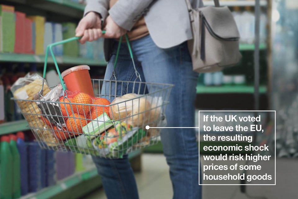 Woman with shopping basket. Text on image reads: If the UK voted to leave the EU, the resulting economic shock would risk higher prices of some household goods