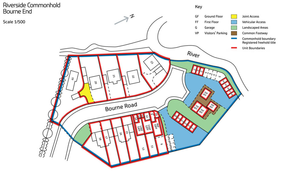 Residential commonhold community statement plan with unit boundaries marked in red.