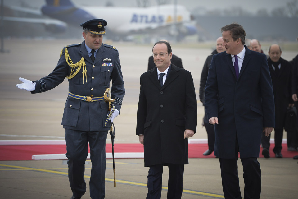 Group Captain Stephen Lushington welcomes the Prime Minister and the French President