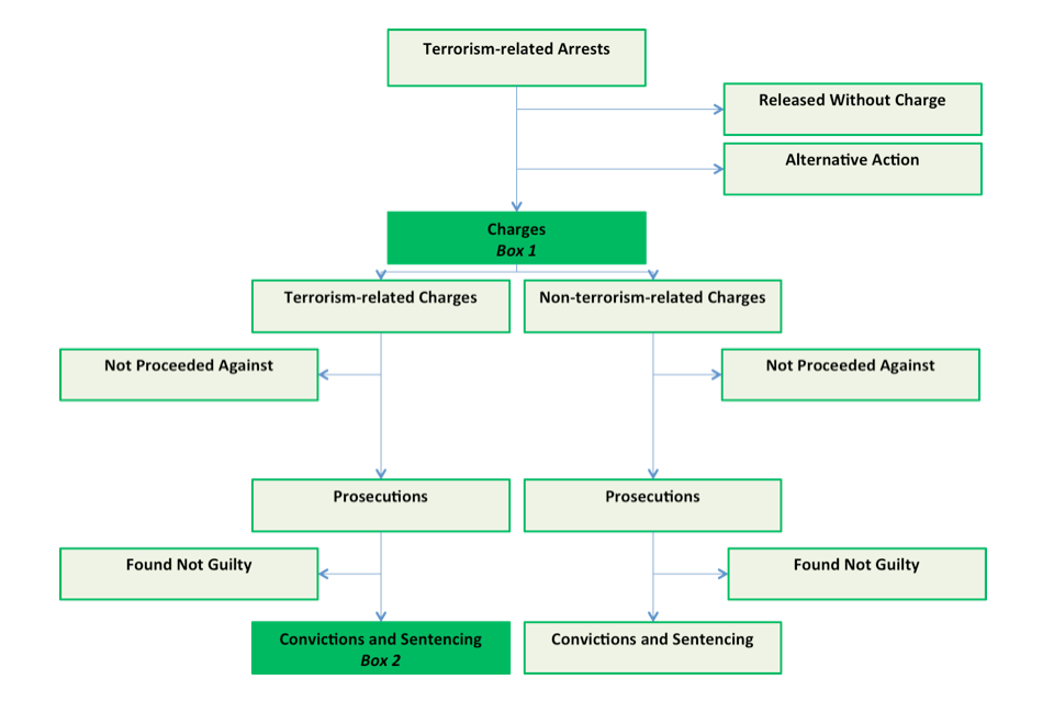 A flow chart of the Criminal Justice System following terrorism-related arrest