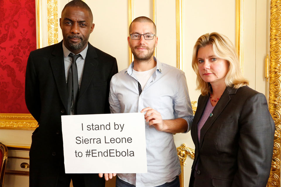 Actor Idris Elba, British nurse and Ebola survivor Will Pooley with International Development Secretary Justine Greening at the 'Defeating Ebola in Sierra Leone' conference. Picture: Jessica Lea/DFID