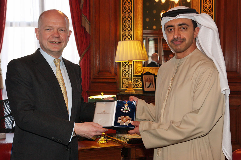 Foreign Secretary William Hague presented an honorary KCMG to His Highness Sheikh Abdullah bin Zayed Al Nahyan, Minister of Foreign Affairs, United Arab Emirates in London, 1 May 2013.
