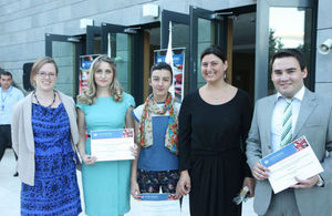 New Chevening Scholars Keti, Natia and Tornike with Embassy political officers Sophiko Katsarava and Charlotte Hunter