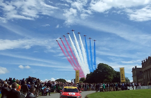 The Red Arrows fly over Harewood House in Yorkshire at the ceremonial start of the Tour de France 2014 [Picture: Crown copyright]