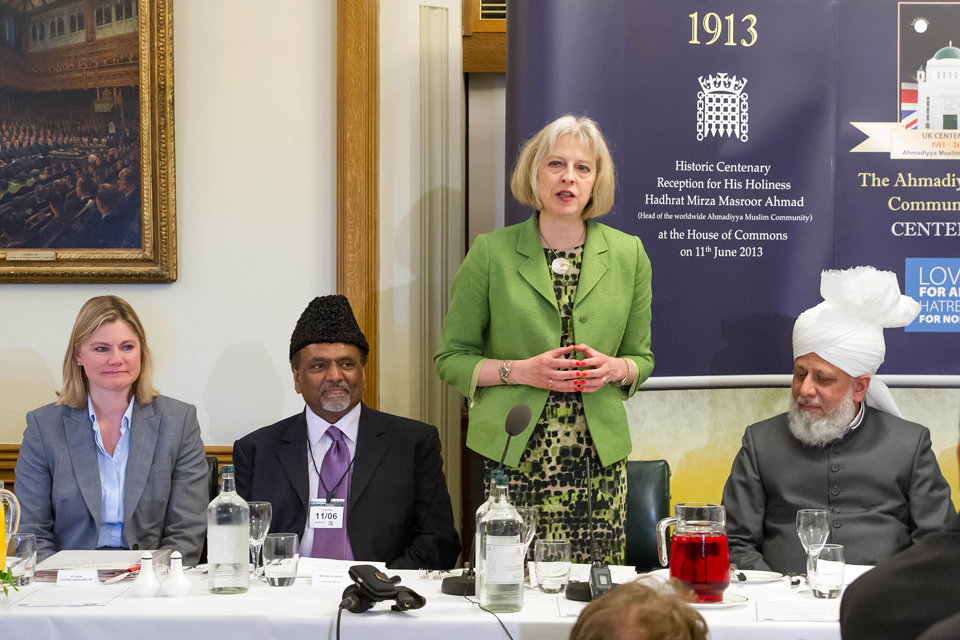 Home Secretary Theresa May speaks at the House of Commons event to mark the Ahmadiyaa Muslim Association's hundredth year in the UK