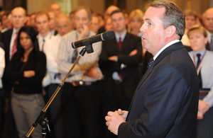 Defence Secretary Dr Liam Fox addresses audience