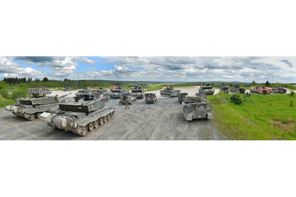 British Challenger 2 main battle tanks and Warrior armoured infantry fighting vehicles