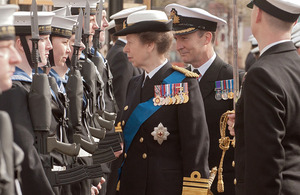 Her Royal Highness The Princess Royal inspects sailors of HMS Collingwood during her visit to Fareham [Picture: K Woodland, Crown Copyright/MOD 2012]