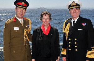 Ambassador Fiona Clouder with First Sea Lord, Admiral Sir George Zambellas, and UK's Defence Attaché, Coronel Angus MacLeod.