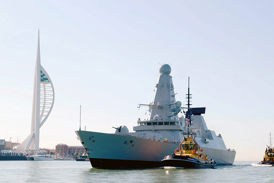 HMS Defender sails into HM Naval Base Portsmouth for the first time 