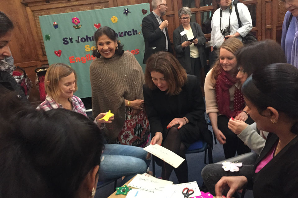 Baroness Williams takes part in sewing lessons