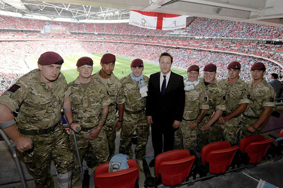 Soldiers from 16 Air Assault Brigade with Prime Minister David Cameron during the FA Cup Final at Wembley  