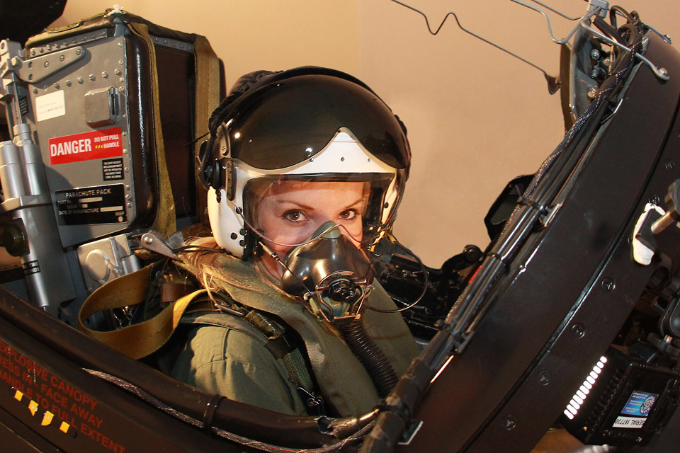 Helen Skelton in the cockpit of a Red Arrow Hawk jet