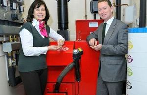 Minister for Energy Greg Barker with a Grants biomass boiler and Claire Perry MP. Grants is in Claire Perry’s constituency.