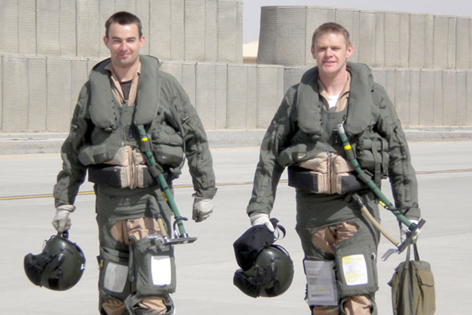 Flight Lieutenants Chris Jenkins (left), Tornado pilot, and Jamie Newton, navigator; both are serving with II (Army Cooperation) Squadron, Royal Air Force, in Kandahar, Afghanistan 