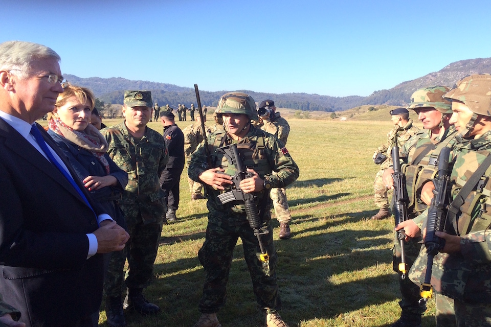 Michael Fallon meets Albanian armed forces personnel at Biza.