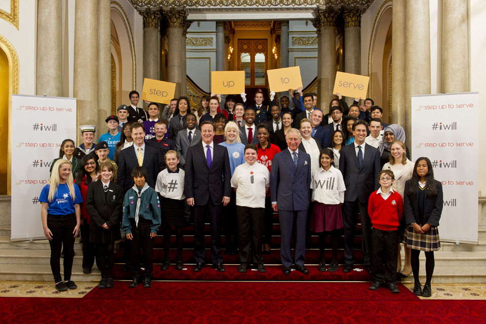 Prince Charles with David Cameron, Nick Clegg, Ed Miliband and young people at the launch of Step Up to Serve