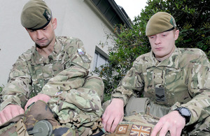 Private Liam Blowman and Corporal Nick Sanderson, 1st Battalion The Yorkshire Regiment, pack their equipment at Oxford Barracks, Munster, Germany, in preparation for their deployment to Afghanistan