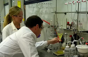 Chancellor in a lab at Redx Pharma in Cheshire