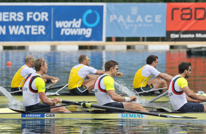Left to right (front): Alex Gregory, Lieutenant Pete Reed, Tom James and Andy Triggs Hodge in action at the Lucerne World Cup 2012