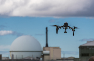 A camera mounted on an unmanned aerial vehicle or ‘drone’ is carrying out tasks at Dounreay site in Caithness, Scotland.
