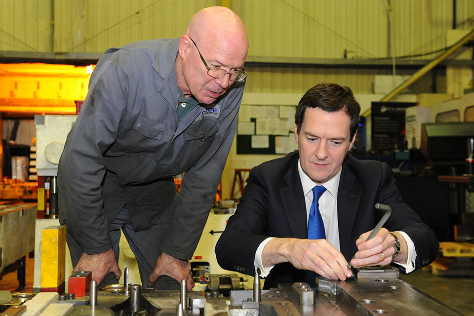 Chancellor with chargehand Paul Wicket during a visit to Cube Precision Engineering in Rowley Regis