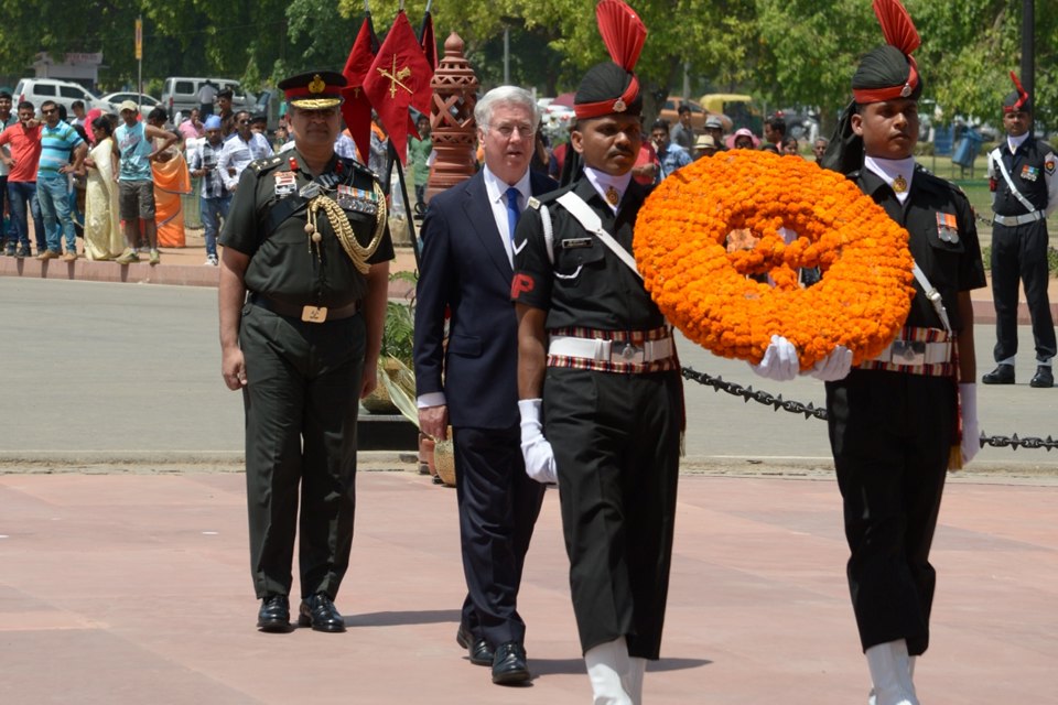 Defence Secretary Sir Michael Fallon laid a wreath at India Gate to honour the 74,000 Indians who served and died in the Second World War. Crown Copyright.