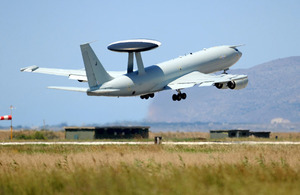 A Royal Air Force E-3D Sentry takes off from Trapani, Sicily