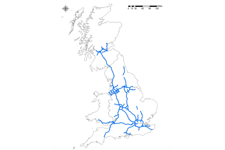 Map showing motorway network in Great Britain.