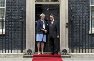 Prime Minister Theresa May standing with President Anastasiades of Cyprus outside the front door of 10 Downing Street