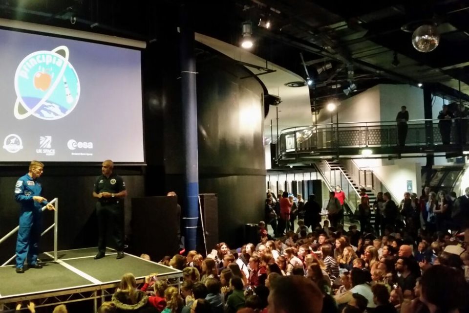 Tim Peake presenting on the main stage at the National Space Centre, Leicester.